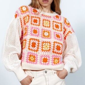 Zara Pink and Orange Crocheted granny squares Sweater size medium